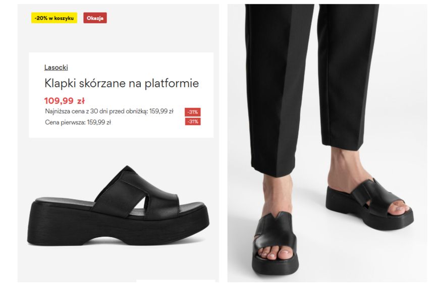 Czarne skórzane klapki na platformie, z wycięciami na palce. Cena promocyjna 109,99 zł.