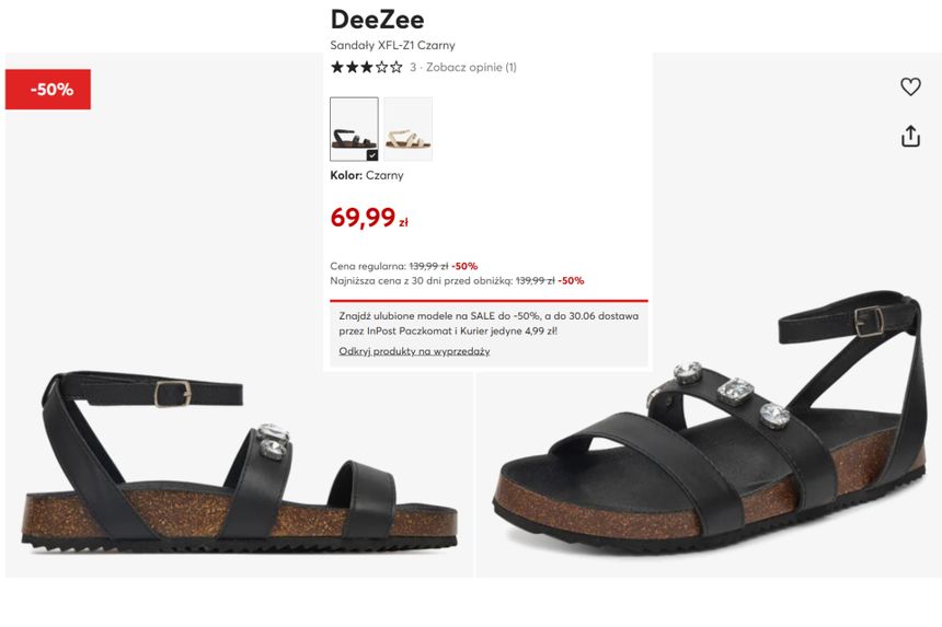 Czarne sandały z trzema ozdobnymi kamieniami, cena promocyjna 69,99 zł, przecena 50%.