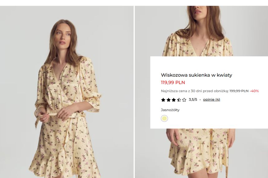 Na zdjęciu modelka w jasnej sukience w kwiaty, trzymająca pasek, na neutralnym tle.