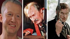 Trzy kadry z filmów: mężczyźni w różnorodnych strojach, jedni z uśmiechami, inni groźni.