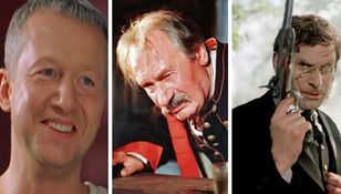 Trzy kadry z filmów: mężczyźni w różnorodnych strojach, jedni z uśmiechami, inni groźni.