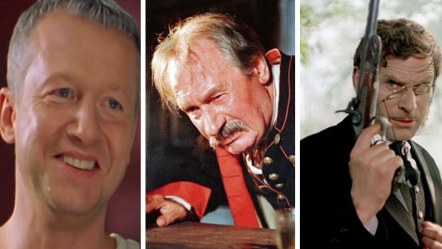 Trzy kadry z filmów: mężczyźni w różnorodnych strojach, jedni z uśmiechami, inni groźni.
