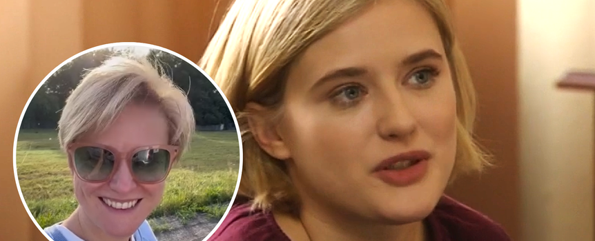 Kobieta z blond włosami siedzi, obok zdjęcie uśmiechniętej kobiety w okularach przeciwsłonecznych.
