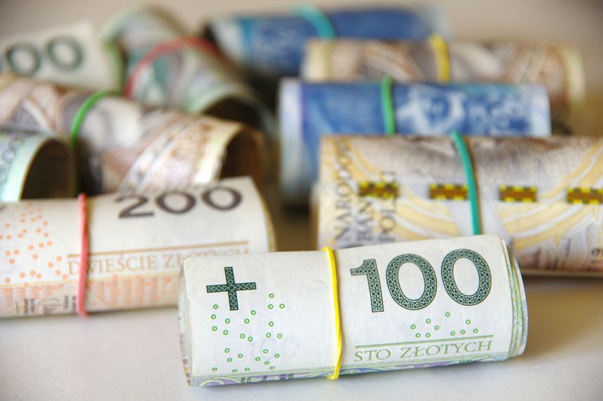Na zdjęciu widoczne są zwinięte banknoty polskich złotych w różnych nominałach.
