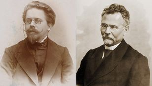 Dwa portrety mężczyzn w formalnych ubraniach, z okularami i zarostem, w sepia.