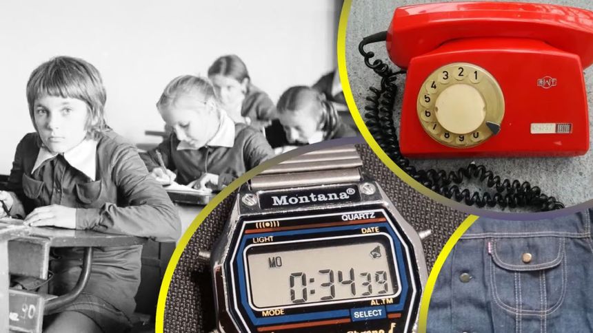 Zdjęcie przedstawia dzieci w szkolnej ławce oraz telefon, zegarek i fragment spodni.