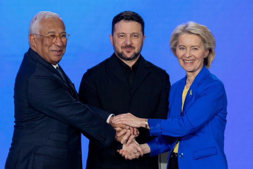 Antonio Costa , Wołodymyt Zełenski i Ursula von der Leyen