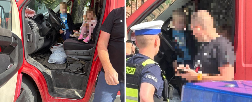 Dzieci stoją w czerwonym busie, obok policjant wręcza mandat kierowcy
