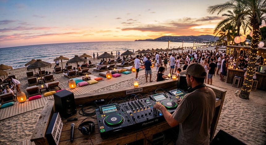 DJ gra na plaży podczas zachodu słońca, ludzie tańczą, relaksują się na leżakach.