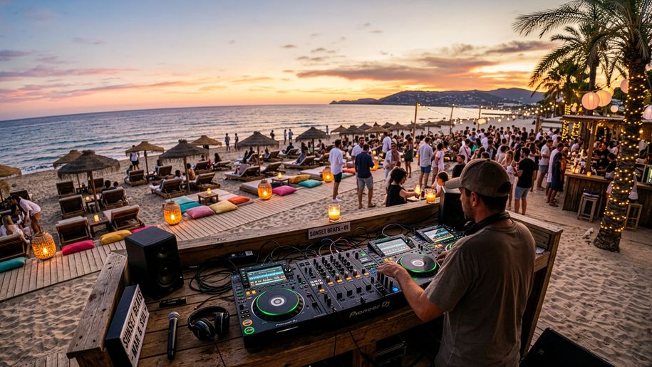 DJ gra na plaży podczas zachodu słońca, ludzie tańczą, relaksują się na leżakach.