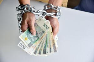 Ręce związaną łańcuchami trzymają banknoty; wizualizacja ograniczeń finansowych.