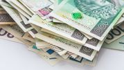Stos pieniędzy w różnych nominałach na białym tle, widać banknoty o wartości 100 i 200 zł.