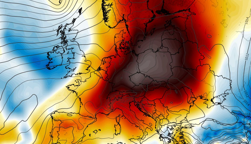 Anomalia temperatury na poziomie ciśnienia 850 hPa 29.06