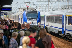 Tłum ludzi na dworcu, pociąg wjeżdżający na peron. Słoneczny dzień, niebo bez chmur.