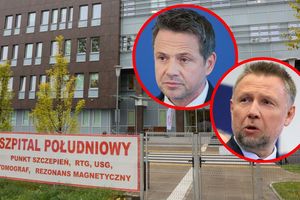 Szpital Południowy w Warszawie. Prezydent Warszawy Rafał Trzaskowski. Minister spraw wewnętrznych i administracji Marcin Kierwiński