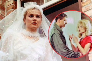 Kobieta w welonie stoi przed domem; w tle scena z mężczyzną i blondynką w rozmowie.