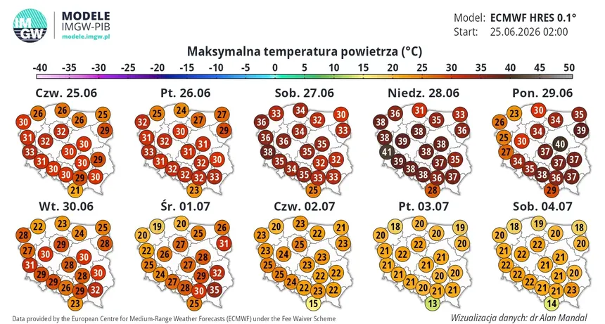 Mapa prognozy maksymalnej temperatury w Polsce od 25 czerwca do 4 lipca 2026 roku.