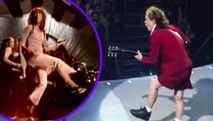 Dwa mężczyźni grają na gitarach: jeden w czerwonym kostiumie, drugi w luźnej odzieży.