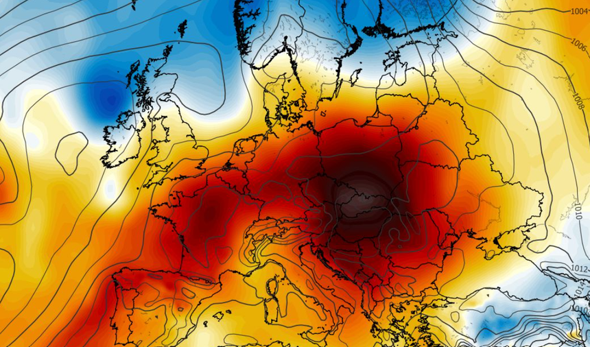 Anomalia temperatury mierzona na poziomie ciśnienia 850 hPa 14.07
