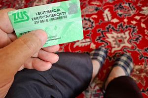 Na zdjęciu widoczna jest ręka trzymająca zieloną legitymację emeryta-rencisty, w tle dywan.