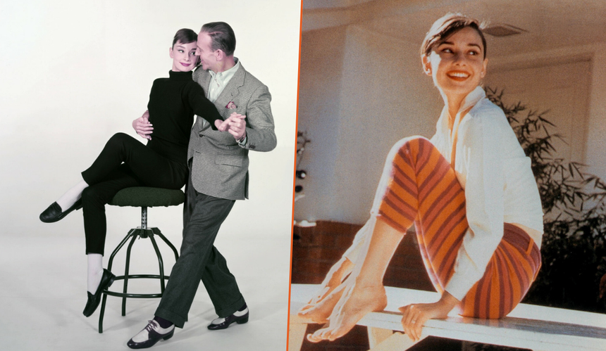 Audrey Hepburn w czarnym golfie i spodniach z Fredem Astairem oraz siedząca w białejkoszuli w słońcu