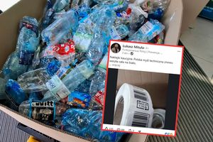 Opis ALT: Karton wypełniony plastikowymi butelkami po napojach. W tle widać taśmę w sklepie.
