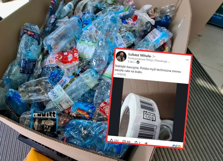 Opis ALT: Karton wypełniony plastikowymi butelkami po napojach. W tle widać taśmę w sklepie.