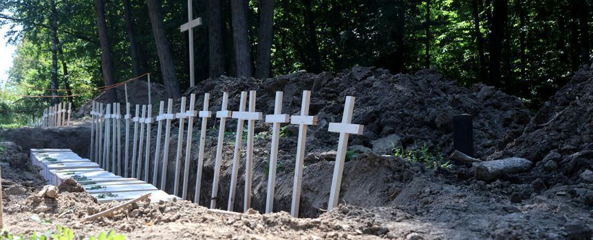 Grób z drewnianymi krzyżami w lesie, otoczony ziemią i zaroślami. 