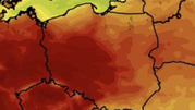 Mapa termiczna Polski z różnymi odcieniami czerwieni i żółci, wskazująca na temperatury.