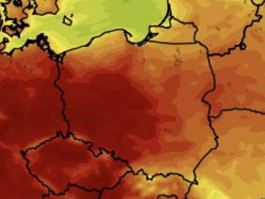 Mapa termiczna Polski z różnymi odcieniami czerwieni i żółci, wskazująca na temperatury.