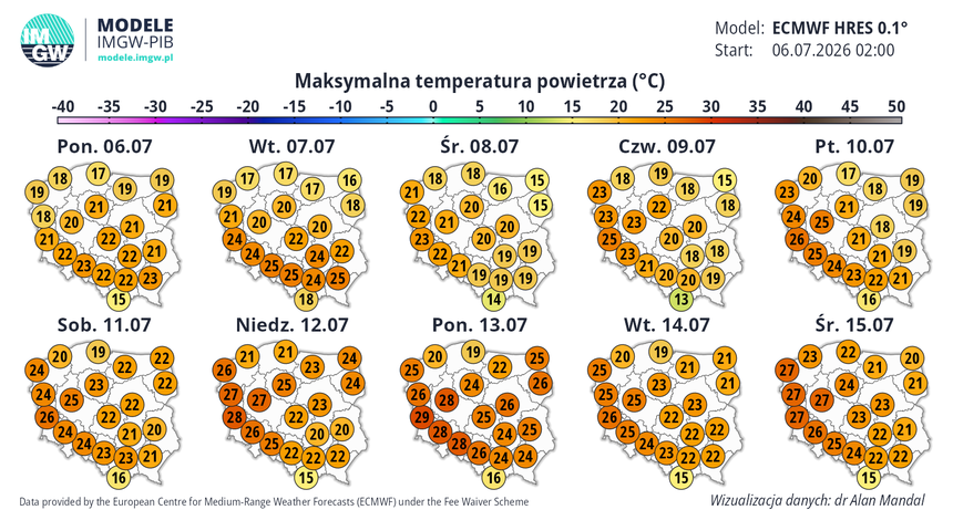 Prognoza maksymalnej temperatury powietrza w Polsce na dni od 6 do 15 lipca 2026 roku.