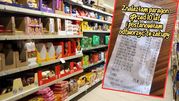 Zdjęcie supermarketu z półkami pełnymi słodyczy i paragonem zakupowym z przeszłości.