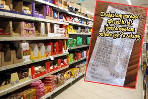 Zdjęcie supermarketu z półkami pełnymi słodyczy i paragonem zakupowym z przeszłości.