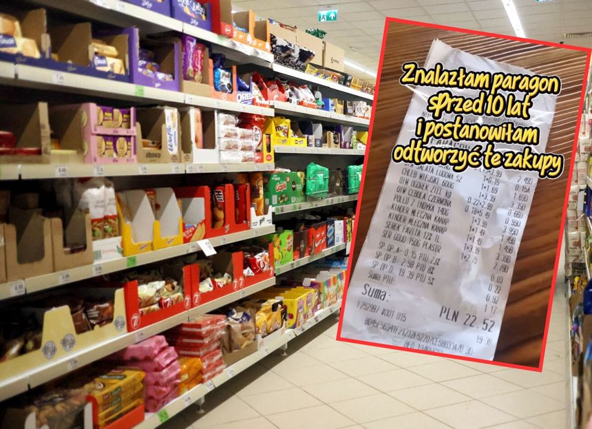 Zdjęcie supermarketu z półkami pełnymi słodyczy i paragonem zakupowym z przeszłości.