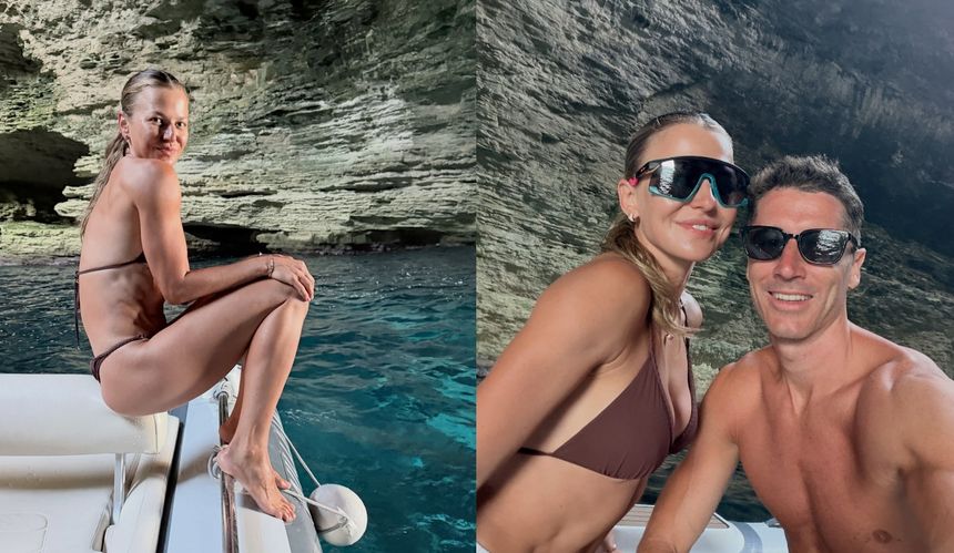 Anna Lewandowska, Robert Lewandowski w okularach przeciwsłonecznych na łódce w jaskini nad wodą. Słońce odbija się w wodzie.