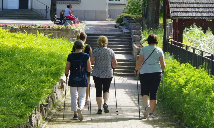 Grupa kobiet spacerujących po ścieżce w parku, używających kijów do nordic walking.