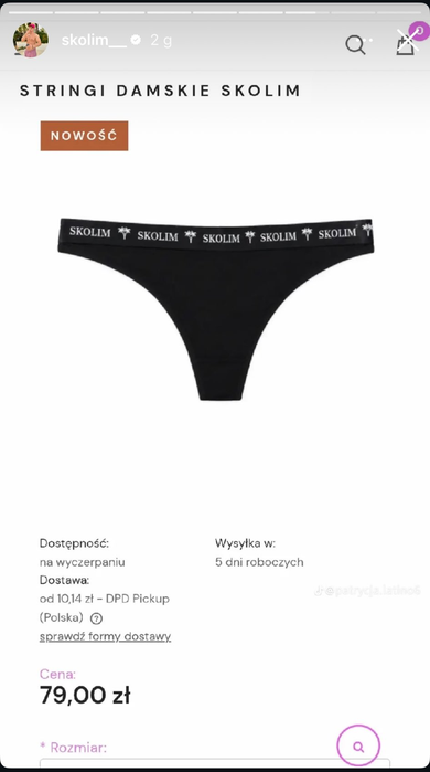 Czarny zestaw stringów damskich z logo SKOLIM na pasku. Cena: 79 zł. Dostępne na wyczerpaniu.