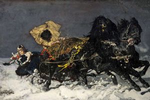 Obraz przedstawia dramatyczną scenę na saniach w śnieżnym krajobrazie.