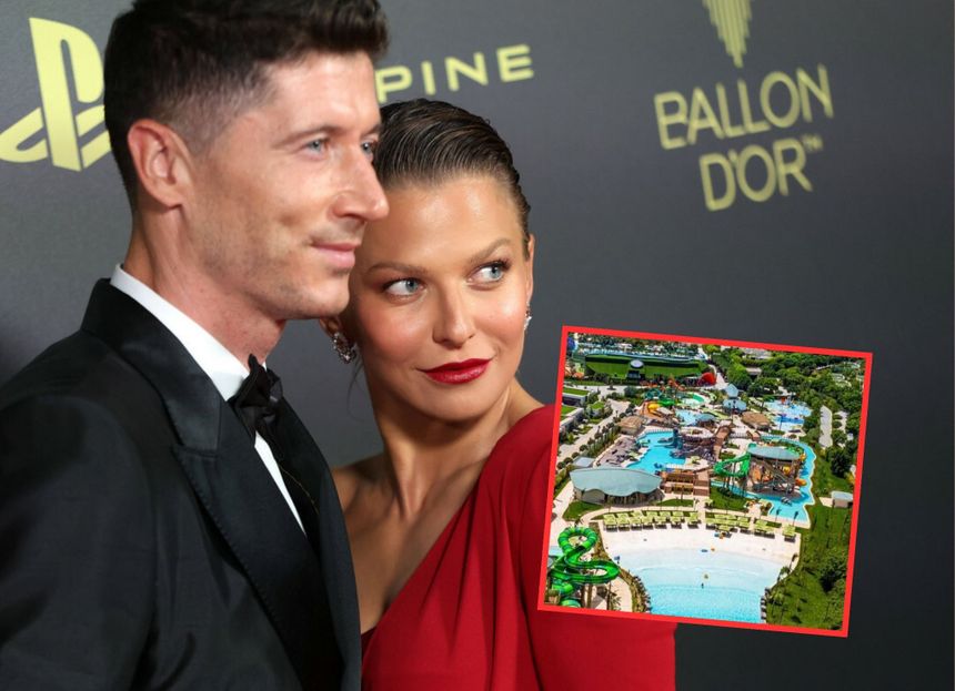 Na zdjęciu Robert Lewandowski z żoną Anną, w eleganckich strojach, na tle logo Ballon d'Or.