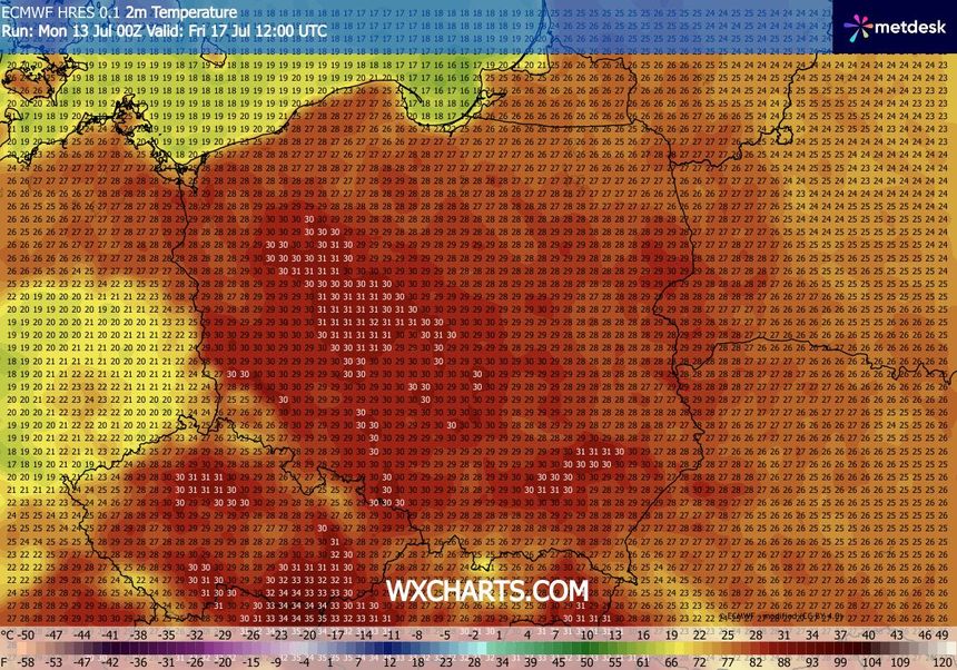 Mapa temperatur w Polsce z różnymi wartościami w stopniach Celsjusza. 