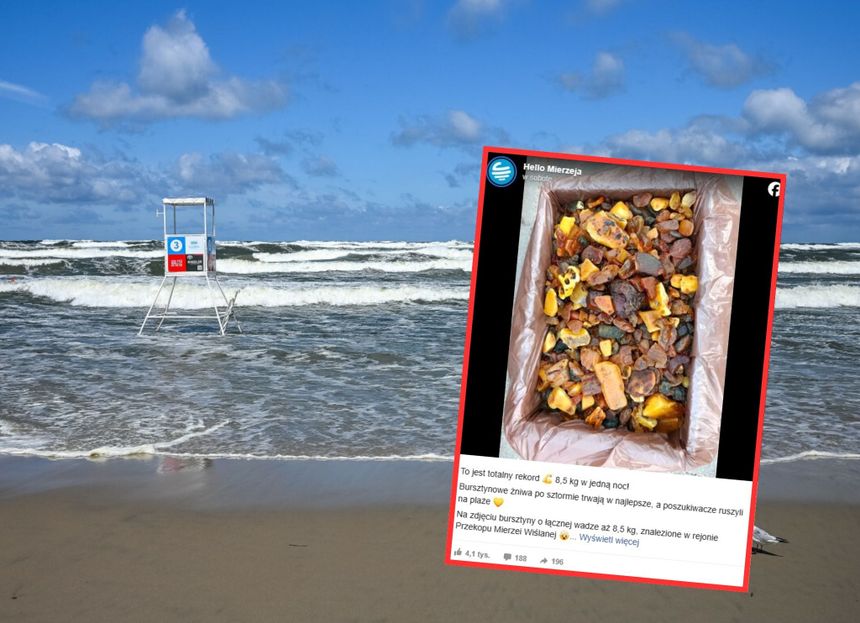Opis ALT: Plaża z falami, w tle wieża ratunkowa, na pierwszym planie zdjęcie bursztynów w skrzynce.