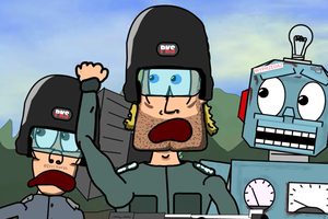 Dwóch mężczyzn i robot w skomplikowanej, humorystycznej scenie. Wszyscy zdziwieni i emocjonalni.