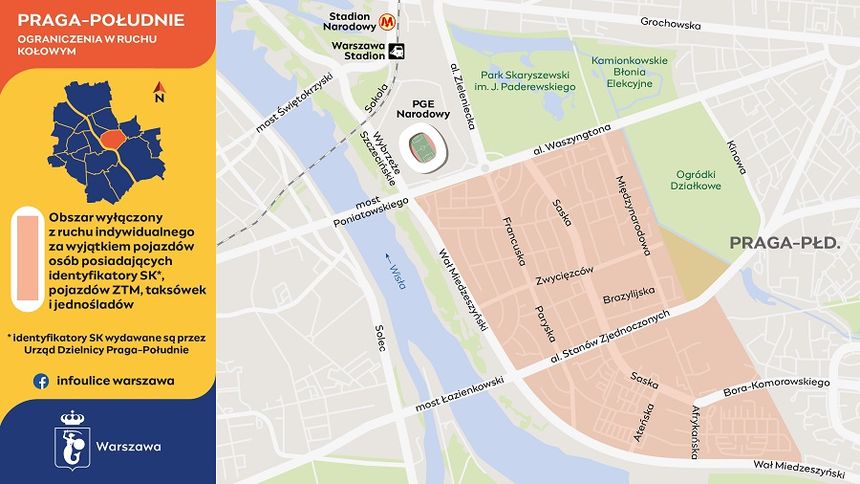 Mapa przedstawiająca ograniczenia w ruchu kołowym w dzielnicy Praga-Południe, Warszawa.