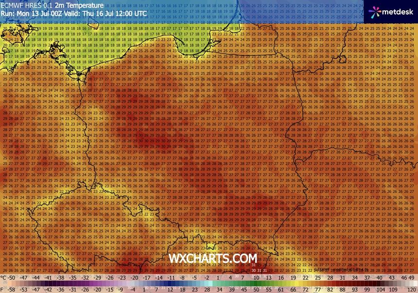 Mapa przedstawia temperatury w Polsce, z zakresami od 18 do 31 stopni. Kolory od żółtego do czerwonego.