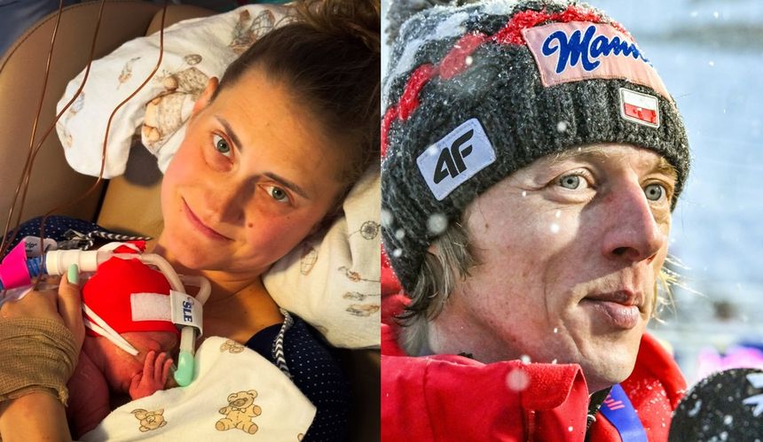 Na zdjęciu Marta Kubacka trzyma noworodka. Obok Dawid Kubacki w zimowej odzieży.