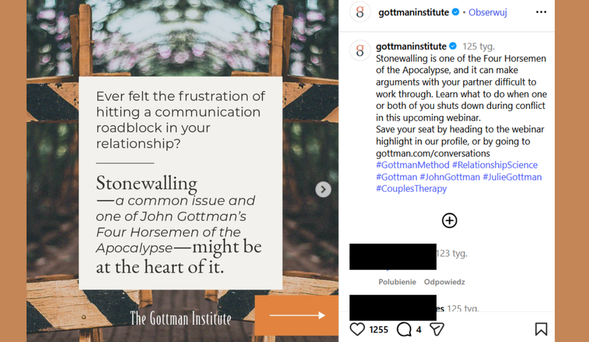 Post na Instagramie @gottmaninstitute poświęcony stonewallingowi