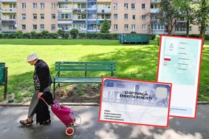 Na zdjęciu starsza kobieta w kapeluszu spaceruje z wózkiem w parku. W tle budynki mieszkalne.