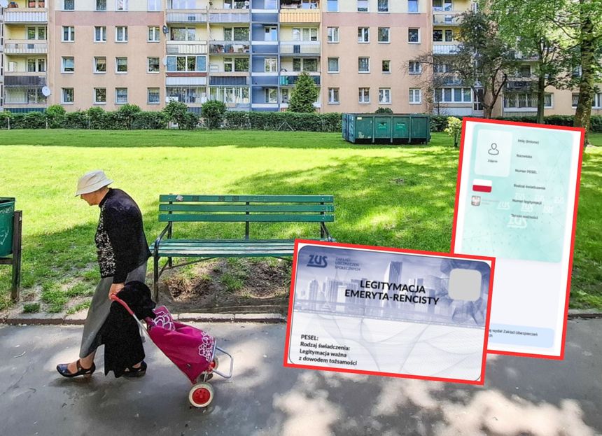 Na zdjęciu starsza kobieta w kapeluszu spaceruje z wózkiem w parku. W tle budynki mieszkalne.