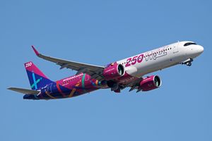 Samolot Wizz Air w kolorowym malowaniu, przelatujący na tle błękitnego nieba.