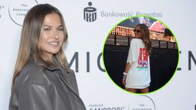 Anna Lewandowska w szarej kurtce, uśmiechnięta, pozująca na tle sceny z wydarzenia.